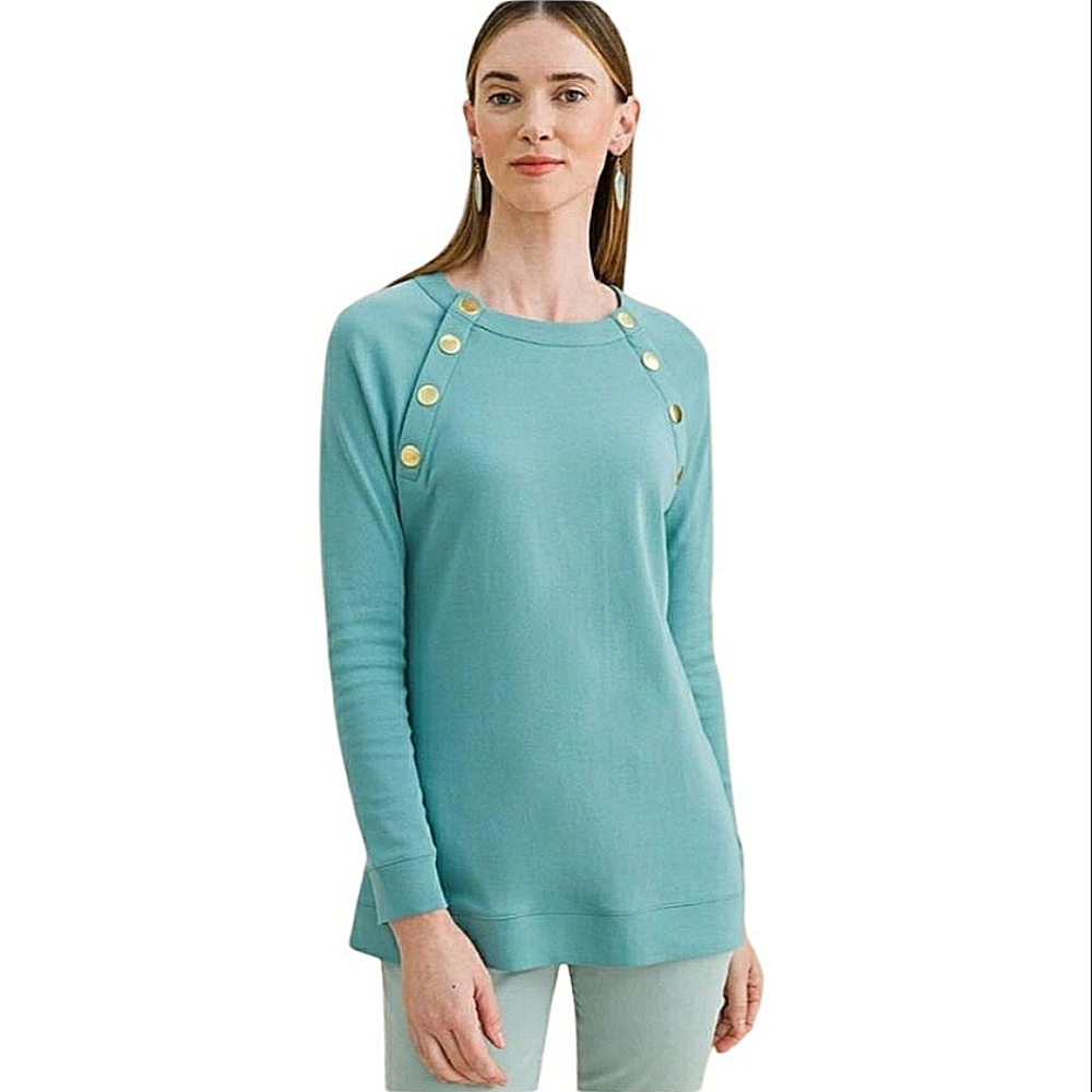 Chico's Teal Tunic Sweatshirt Prima Cotton Scoop Neck Gold Button Trim Size 2X - Picture 1 of 12